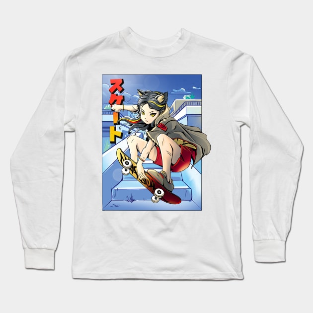 Anime cat girl skateboarding Long Sleeve T-Shirt by madeinchorley